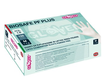 Guanto in lattice senza polvere ambidestro forma anatomica colsino elastico rinforzato antiarrotolamento biosafe pf plus bianco misura medium 100 pezzi
