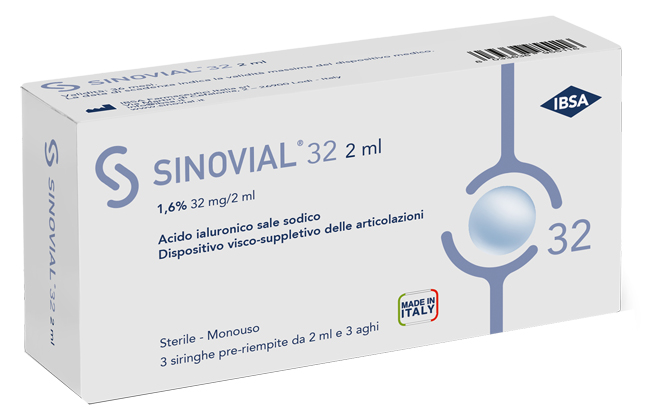 Siringa intra-articolare sinovial 32 acido ialuronico sale sodico 1,6% 32mg/2ml 3 siringhe x 2ml + 3 aghi