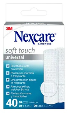 Cerotto preparato nexcare soft touch universal 3 misure 20 cerotti 19x72mm + 10 cerotti 25x72mm + 10 cerotti tondi 22,5 mm