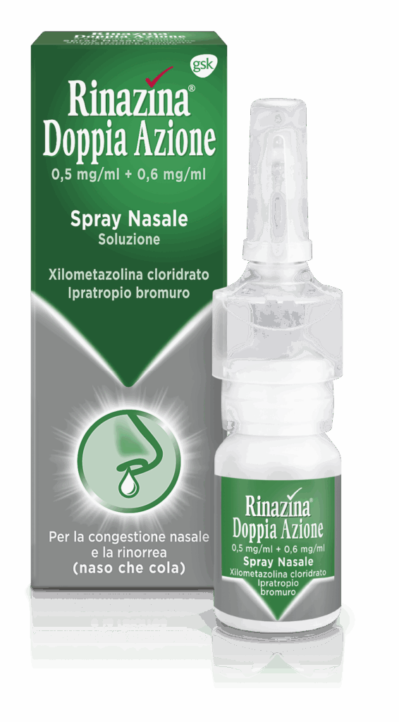 Rinazina doppia azione 0,5 mg/ml + 0,6 mg/ml spray nasale, soluzione 10 ml flacone multidose in hdpe con pompa attivata verticalmente