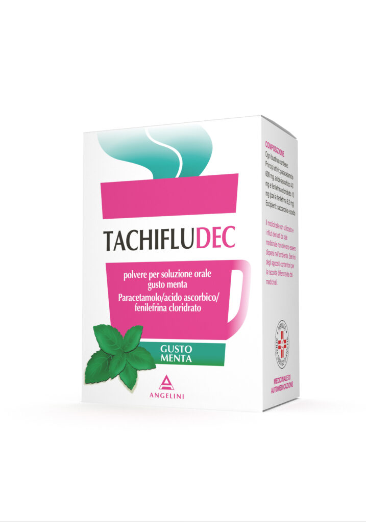 Tachifludec 600 mg + 40 mg + 10mg + polvere per soluzione orale gusto menta 10 bustine in carta/al/pe