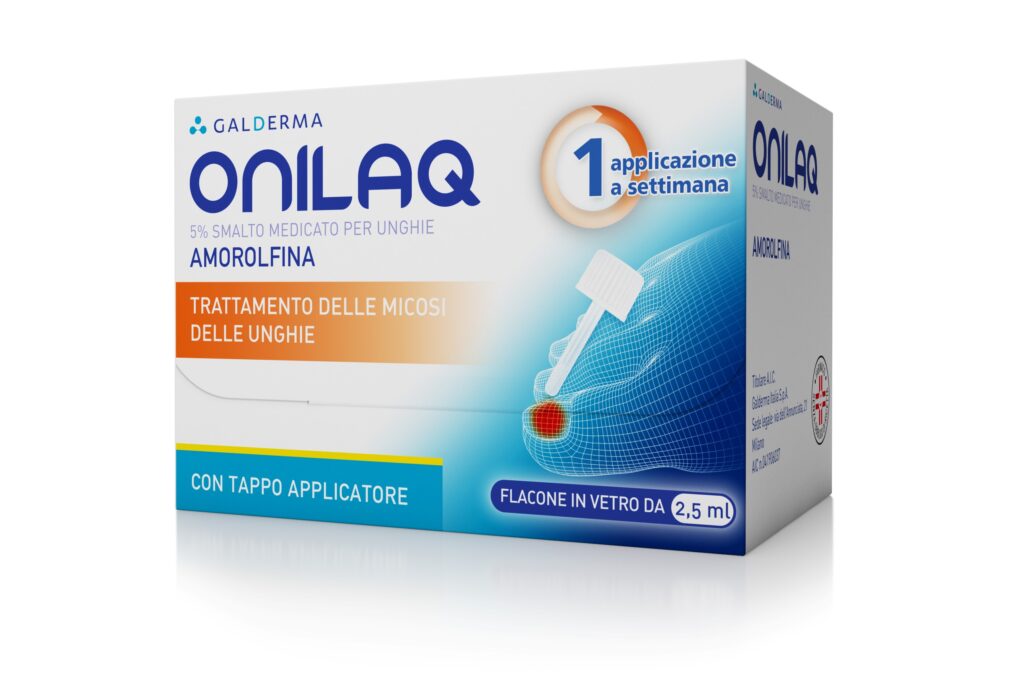 Onilaq 5% smalto medicato per unghie, 1 flacone in vetro da 2,5 ml con tappo applicatore e con accessori (limette per unghie,tamponi detergenti)