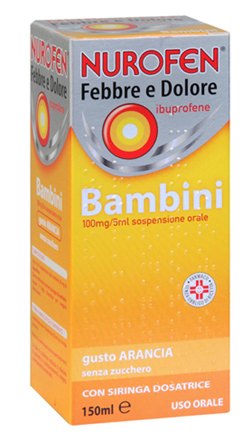 Nurofen febbre e dolore 100 mg / 5 ml bambini sospensione orale gusto arancia senza zucchero flacone da 150 ml con siringa dosatrice