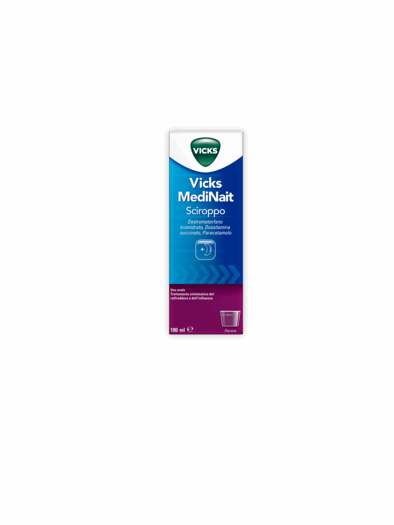 Vicks medinait 0,5 mg/ml + 0,25 mg/ml + 20 mg/ml sciroppo flacone in vetro da 180 ml con bicchiere dosatore