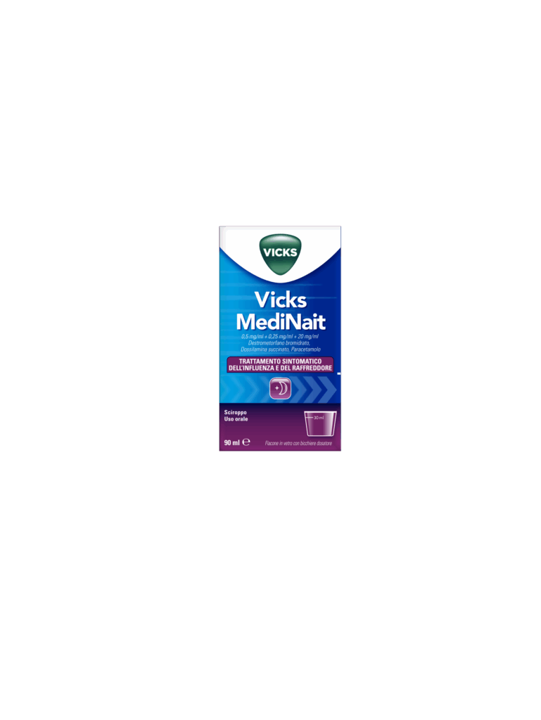 Vicks medinait 0,5 mg/ml + 0,25 mg/ml + 20 mg/ml sciroppo flacone in vetro da 90 ml con bicchiere dosatore